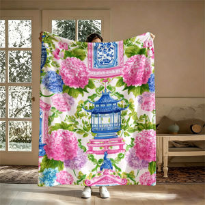 Potdemiel | Pink Hydrangeas PagodasFlannel Blanket Warm Soft Halloween Christmas Couch Warm Cozy Decorative Decor Gift for All Season