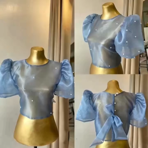 NON ITCHY I Crop Top With Pearl Adult Sheer Belted Short Shirt Summer Fashion Items L2390