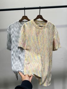 Ice Sensation Cotton Short Sleeve T-Shirt Mens Fashionable Rainbow Stripes 3D Texture Design Breathable Loose Fit Summer Top