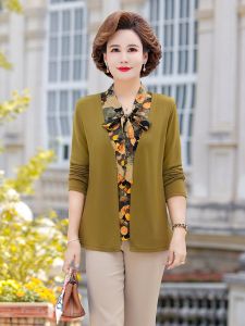 Ladieswear Spring Clothing Fashion Fake Two Pieces Tops Middle-Aged and Elderly Womens Clothing Spring & Fall Fashionable Long Sleeve Loose T-shirt 40-Year-Old 50