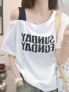 Shalldoer | เสื้อยืดแขนสั้นผู้หญิงหลวมๆ สไตล์ใหม่ฤดูร้อนปี 2025 ดีไซน์ทันสมัย ​​พิมพ์ลายสีบล็อกไหล่ข้างเดียวแบบหลวมๆ