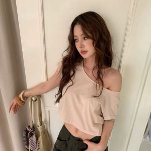 VKSOD | Korean Style Womens Summer 2025 Lazy Shoulder Short Sleeve Top Wide Leg Pants Two-Piece Set Long Pants Other 100% Material