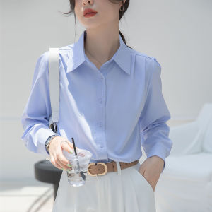 Blue Long Sleeve Womens Shirt Professional Formal Commute Korean Style POLO Collar Loose Fit Pure Color Career Interview Top