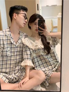 Cute Lace Printed Plaid Couple Pajamas Set Short Sleeve Summer Style Home Clothes for Men and Women Rubber Band Pants V-Neck Design