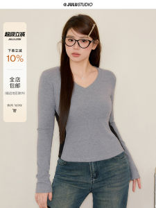 เสื้อยืดคอวีเอวเข้ารูปสีบล็อกสำหรับผู้หญิงไซส์ใหญ่จาก Juzhuo Studio ทรงหลวม แขนยาว ผ้าฝ้ายผสมยางยืด 92% โพลีเอสเตอร์ 8%