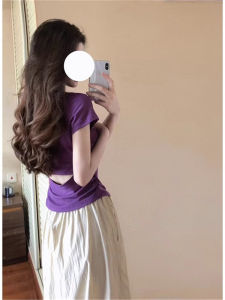 Hong Kong Style Purple Short Sleeve T-Shirt Womens Summer New Design Sweet And Spicy Small Top Dopaamine Matching round Neck