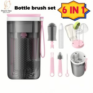 Baby Milk Bottle Cleaner Brush Set 6 in 1 Portable Silicone Brush and Drying Rack for Travel