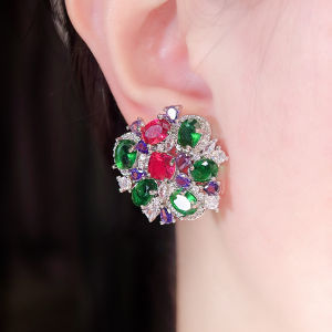 SEQUITO Classy Women Ear Jewelry Pave Setting Multicolor AAA Cubic Zircon Silver Plated Delicate Flower Big Stud Earrings for Daily Wear SE959