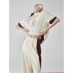 Summer Anti-Aging Casual Sport Short Sleeve T-Shirt Wide Leg Straight Pants Two-Piece Set Polo Collar Polyester Fiber Long Pants