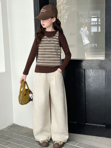 MPW | Fashionable Striped Three-Piece Set For Girls Korean Style Vest T-Shirt And Pants Autumn Clothes Trendy And Stylish Childrens Wear