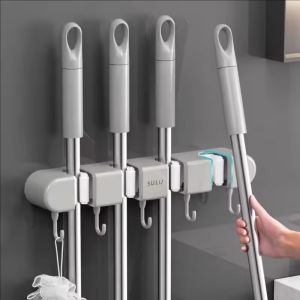 Wall Mounted Broom Mop Holder / Heavy Duty Storage Rack with Hook / Snap Fastener Mop Clamp / Strong Self Adhesive Broom Garden Tool Hanging Organizer