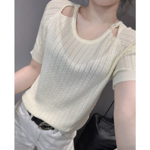 แฟชั่นฤดูร้อนผ้าไหมน้ําแข็งเสื้อถักแขนสั้นผู้หญิง Tummy Control SLIM FIT กว้างหลวมเซ็กซี่ปิดไหล่ด้านบน