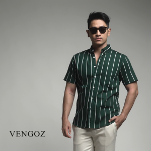 VENGOZ Kemeja Pria Slimfit - Vicente Stripe Dark Green SS