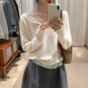 DUOFEIYAN | Unique Korean Style White Lace V-Neck Long Sleeve Knitwear