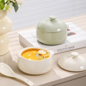 Baby Food Double Ear Ceramic Steaming Bowl With Lid