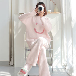 Womens Knitted Half-Fleece Sleepwear Sweater Autumn Winter Style Overhead Home Set Long Sleeve round Neck Casual Comfortable