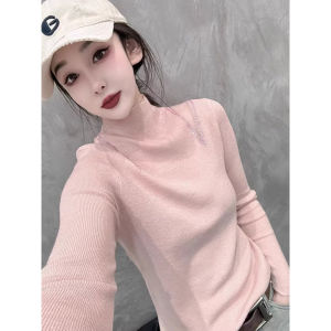 Elegant Autumn French Style Mid-high Neck Long Sleeve Base Top