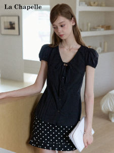 La Chapelle | Black Bow Tie Slim Fit Elegant Short Sleeve Blouse