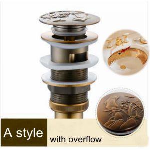 Bathroom Lavatory Basin Sink Pop Up Drain with Round Carved Cover  Brass with & without Overflow Vanity Sink Waste Drainer ELF33