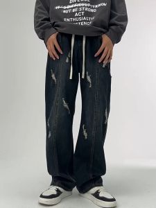 Quần jean nam loang rách XMAX quần bò ống rộng dáng suông cạp chun dây rút co giãn phong cách B133