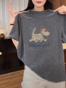 Shalldoer | Áo thun nữ tay ngắn cổ tròn thêu họa tiết hoạt hình phong cách Hàn Quốc mùa hè thường ngày đa năng màu xám