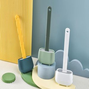 Toilet Brush Water Leak Proof With base Silicone Wc Flat Head Flexible Soft Bristles Brush with Quick Drying Holder Set for Home