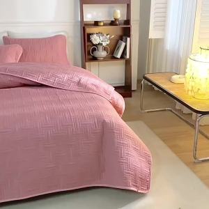 2024Blue Quilted Bedspread Set Wheat Stripe Pattern Washed Cotton Thick Bed Cover Pillowcase Solid Plain Super King 264*230cm 3pcs