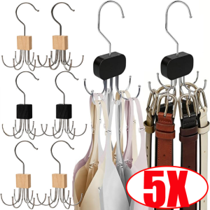 5Pcs Rotating Multi-Claw Clothes Hanger Hooks / Durable Stainless Steel & Wooden Style Belt Storage Racks / Household Closet Organizer Holders for Ties Bras Scarves and Small Accessories