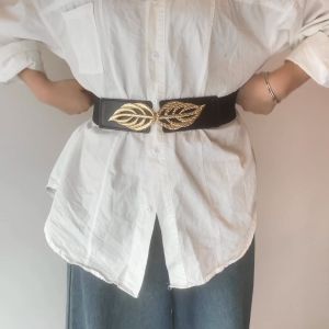 Black Belt Wide Waist Metal Buckle Elastic Belt Drawstring Dress Coat Clothing Belt Women Accessories