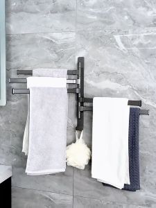 HANA Bathroom Rotating Towels Rod with Hook Wall Mounted Rust-proof Space Aluminum Swivel Foldable Towels Rod Bathroom Towels Holder Storage Shelf With Hook Rack Bar Rotateable Kitchen Bath Room Accessories Folding Hanger 4 Rod