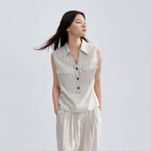 PEACEBIRD | Linen Lyocell Blended V-neck Striped Sleeveless Top