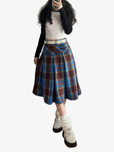 Váy Xếp Ly Kẻ Caro Cạp Cao Cổ Điển Cho Nữ Váy Midi Bằng Da PU Thiết Kế Nhỏ Gọn Có Thắt Lưng Váy Xếp Ly Phong Cách Retro