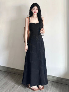 Elegant Black French Style Strapless Long Dress Slimming Summer Luxury Feel Womens Dress A-Line Skirt High Waist No Sleeve