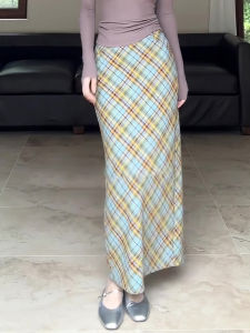 Elegant Plaid High Waist Midi Skirt for Women Stylish Retro Wrap Body Skirt Korean Style Commute Summer Thin Medium Length