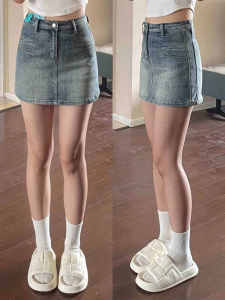 Retro Washed High Waist Denim Mini Skirt Women Thin Model Anti Exposure Hip Conceal Slim A-Line Short Skirt Summer