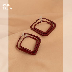 Retro Hong Kong Style Square Red Earrings Fashionable Versatile Holeless Clip-On Studs Elegant Lightweight Jewelry Accessories