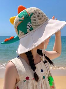 Childrens Fishing Cap Summer Sun Protection Wide Brim Cartoon Dinosaur Baby UV Protection Hat Casual Style round Top Hat