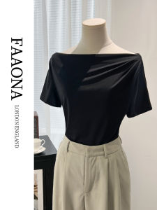 Asymmetric Shoulder Short Sleeve T-Shirt Womens Elegant off Shoulder Base Shirt Summer Trendy Commute Style Slim Fit Pure Color