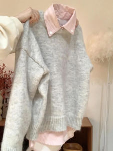 Gray round Neck Pullover Sweater Womens Shirt Outerwear Korean Style Autumn Winter Outfit Set New 2025 Comfortable Casual Knitwear
