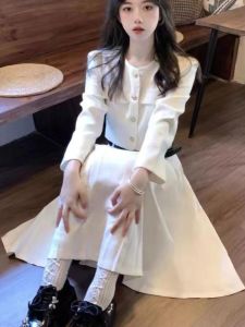 Autumn Winter New Korean Style White Long Sleeve Academy Wind Coat Skirt Set Two Pieces Womens Fashion Polyester Material