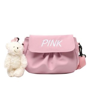 กระเป๋าสะพายข้างทรงสี่เหลี่ยมเล็กปักลายหมี กระเป๋าสะพายไหล่แบบลำลองสำหรับผู้หญิง วัสดุ PU กระเป๋าใส่โทรศัพท์มือถือ