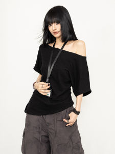 OCTLAB Shoulder Bared Short Sleeve Womens T-shirt Simple Design Summer Feel Cotton Irregular Hemline Casual Fashion Top