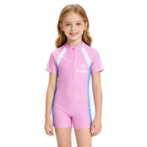 Bé Gái Màu Hồng Thể Thao Sọc Đồ Bơi Một Mảnh Nhanh Khô Có Dây Kéo Rash Guard Bộ Đồ Tắm Tay Ngắn Cho Bãi Biển Mùa Hè Cho Trẻ Em