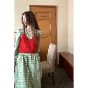 Hellooo Eat French Vintage Long Sleeve round Neck Dress Slimming Waist Plaid Midi Skirt Korean Style Autumn Commute Cotton A-Line Dress