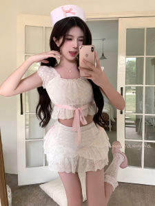 Pure Desire Sweet Girl White Short Top Butterfly Knot Lace Set Women Fashionable Summer Outfit Short Sleeve Student Uniform