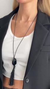 SHIXIN New Trendy Black Acrylic Geometry Pendant Necklace Women Simple Rope Chain Long Tassel Sweater Chain Fashion Jewelry Gift
