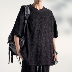 Ice Silk Cool Feeling Short Sleeve T-Shirt Men Summer White Texture American Casual Loose Fit V-Neck Five Sleeve Body Tee