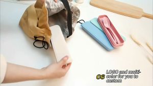 3in1 Cutlery Set Wheat Spoon Fork Chopsticks with Organizer Box Reusable Tableware / Set Peralatan Makanan