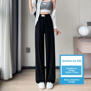 YAMIANNV | High Waist Ice Silk Wide Leg Pants Womens Summer New Style Drapey Casual Thin Extended Length Cotton Polyester Blend