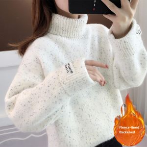 Fall Winter High Collar Knitted Fleece Womens Sweater Loose Fit Thermal Thickened Crew Neck Pullover Soft Cotton Base Shirt